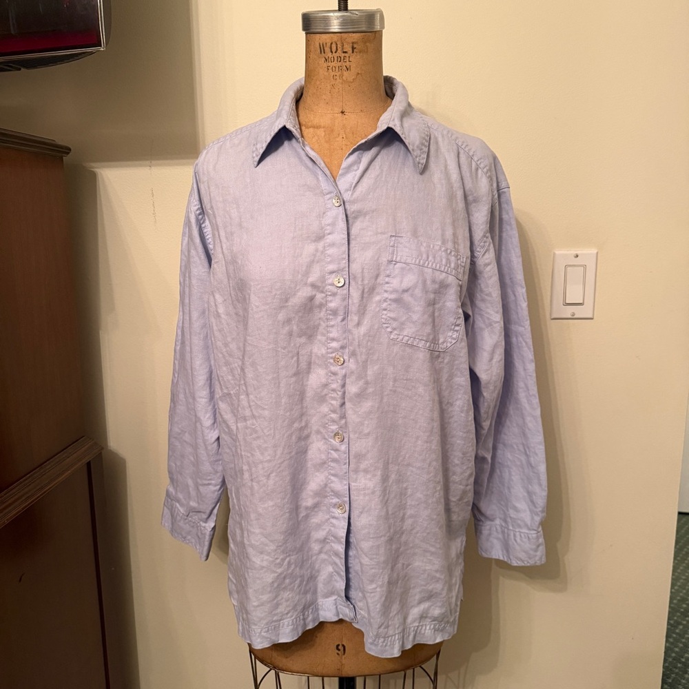 Sigrid Olsen Light Blue Linen Button Down Long Sleeve Top
